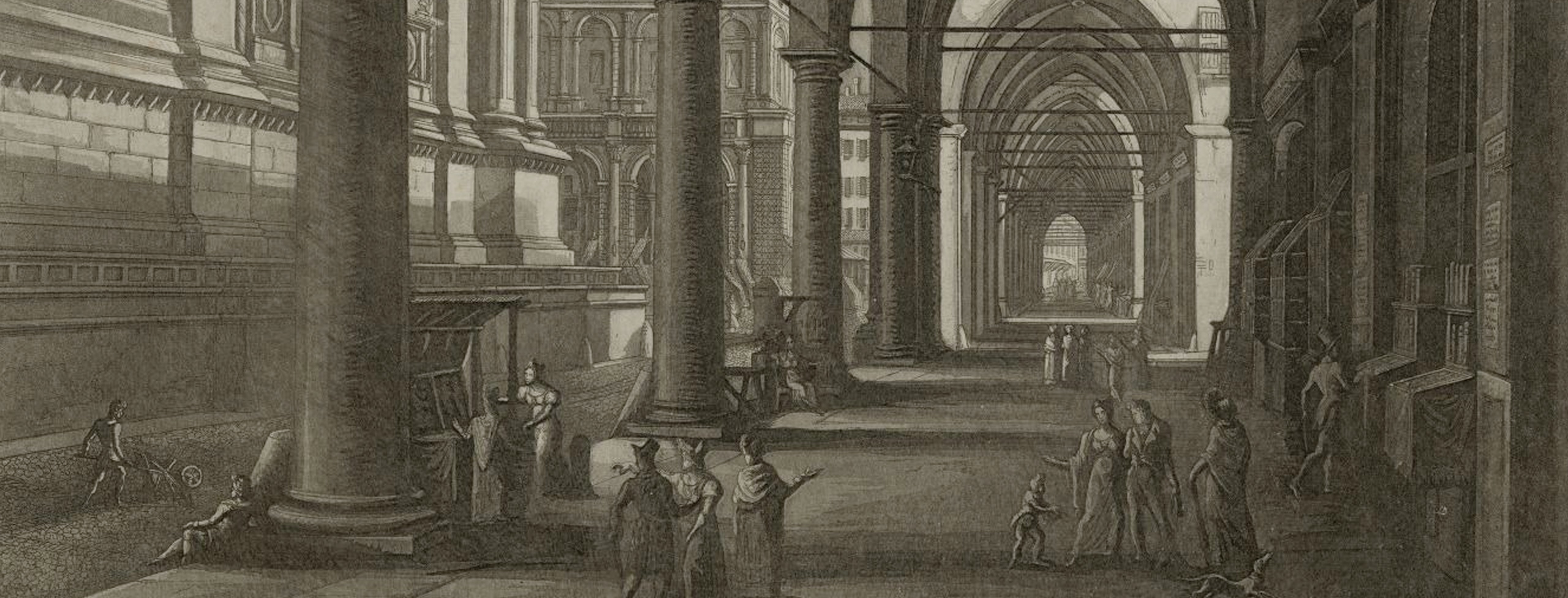 Il portico della Morte di Bologna in una incisione del Basoli del 1833 (Antonio Basoli, Portico detto della Morte in Bologna, 1833. Bologna, Collezioni Comunali d’Arte e di Storia della Fondazione Cassa di Risparmio in Bologna)