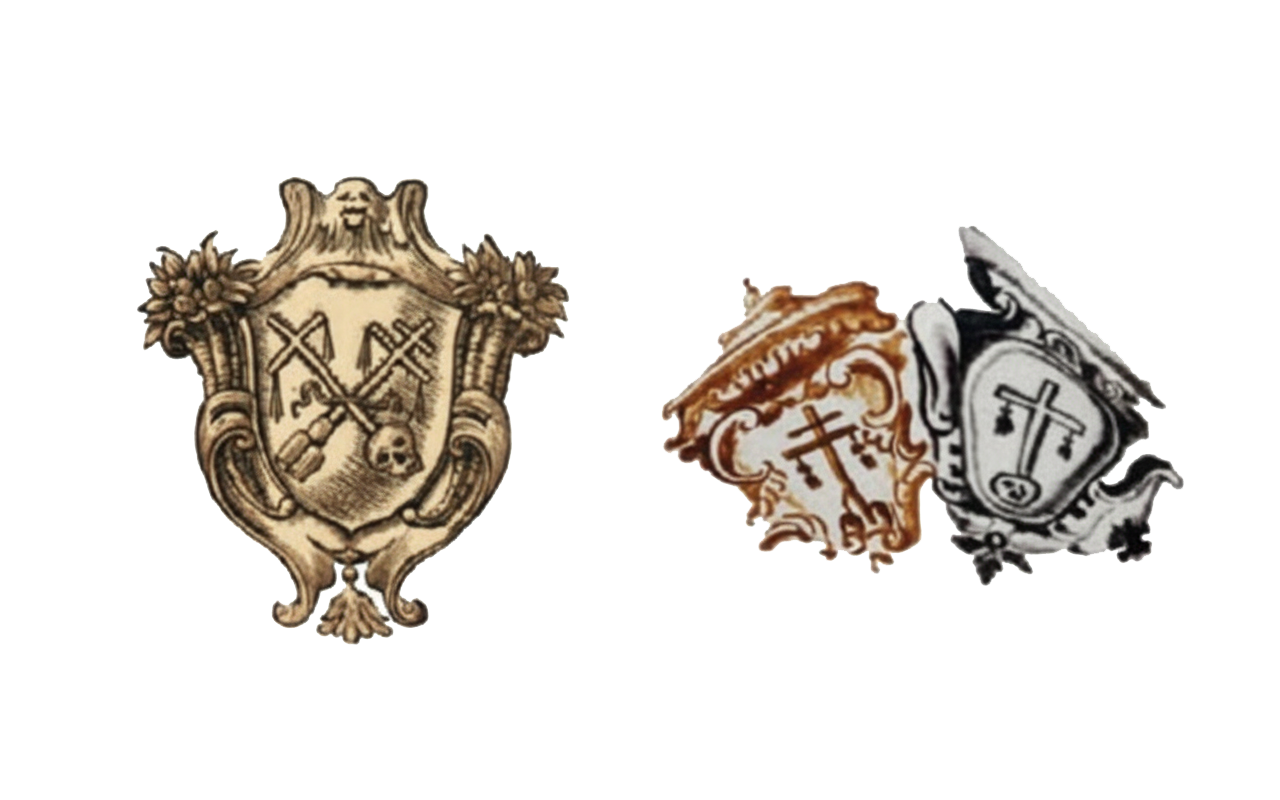 Stemma del Grande Spedale in un avviso del 19 gennaio 1805 (A.S.B., Grande Spedale poi Maggiore, Serie I, n. 6). Si notano bene i simboli delle due antiche confraternite incrociati tra loro e stretti saldamente da un nastro. Stemmi delle Confraternite della Vita (a sinistra) e della Morte (a destra) posti sul nuovo corredo di vasi della Spezieria del Grande Spedale di inizi ’800. Si nota bene la disposizione degli scudi accostati l’uno all’altro, nota come arma di alleanza.