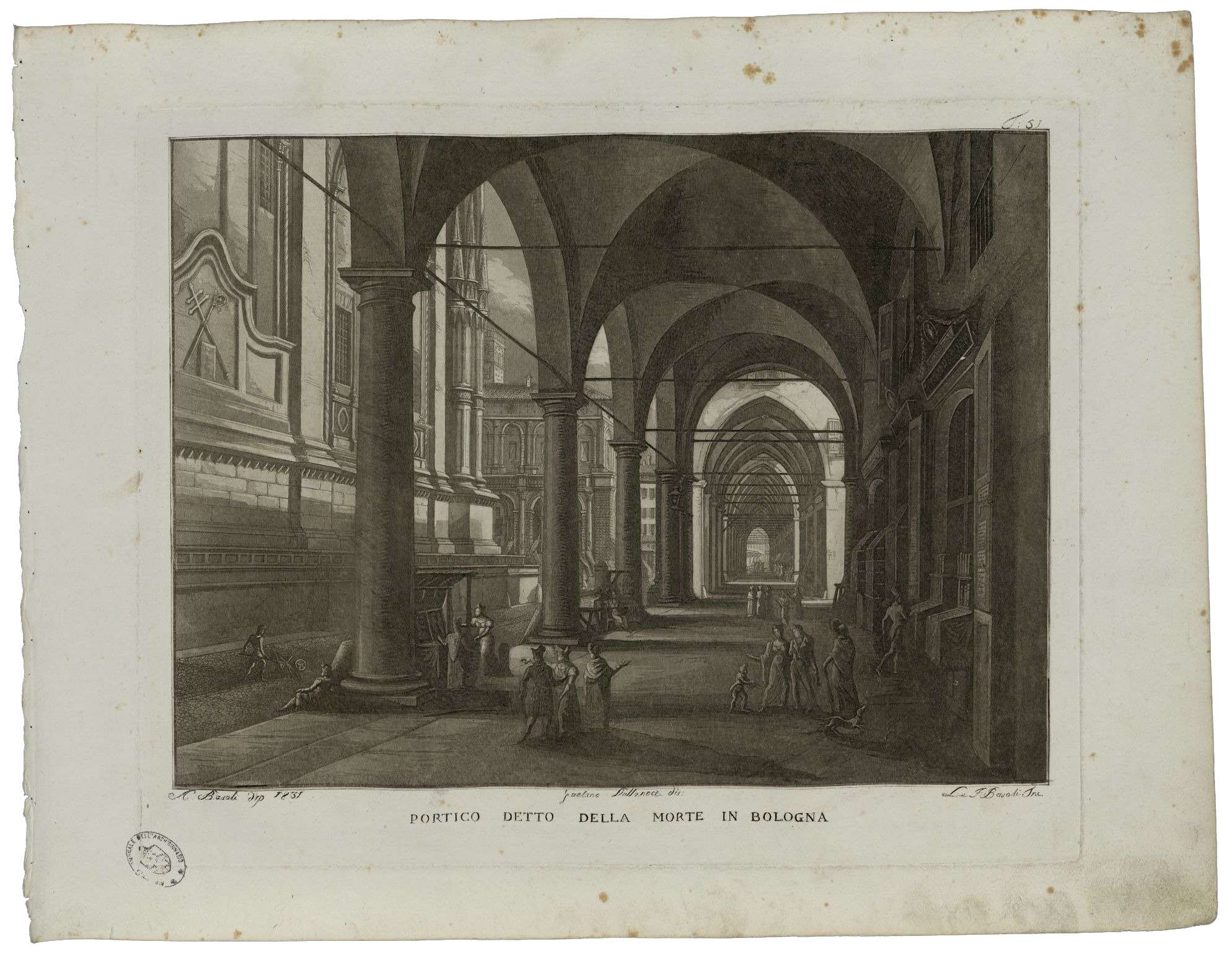 Portico della Morte Bologna incisione del Basoli del 1833 (Antonio Basoli, Portico detto della Morte in Bologna, 1833. Bologna, Collezioni Comunali d’Arte e di Storia della Fondazione Cassa di Risparmio in Bologna)