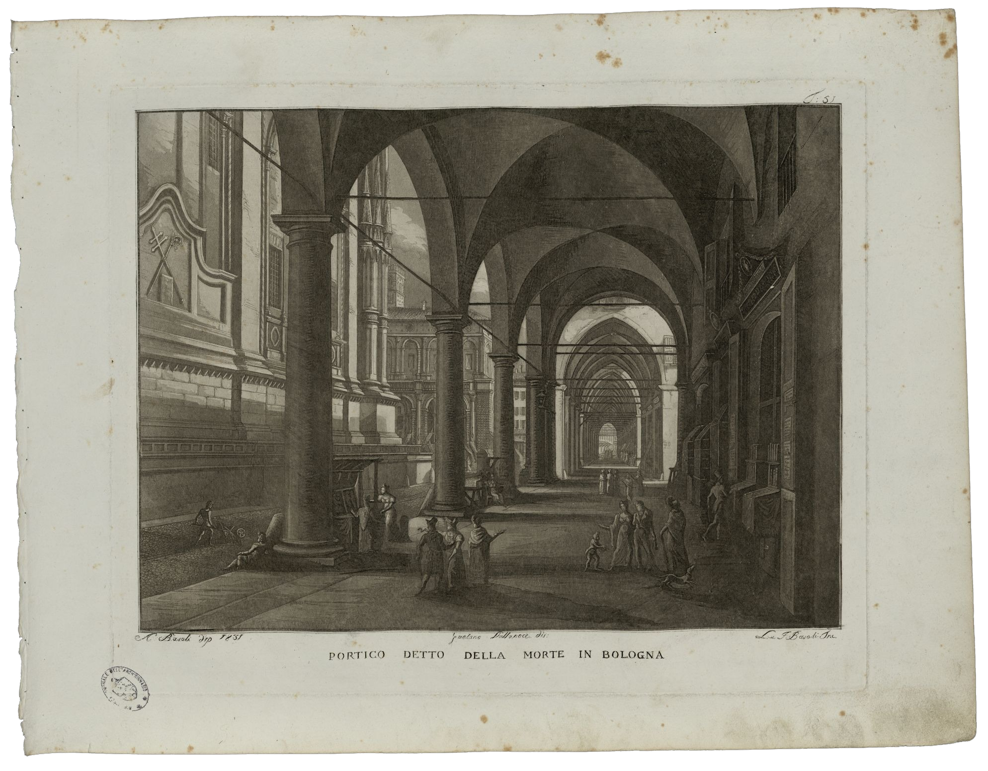 Portico della Morte Bologna incisione del Basoli del 1833 (Antonio Basoli, Portico detto della Morte in Bologna, 1833. Bologna, Collezioni Comunali d’Arte e di Storia della Fondazione Cassa di Risparmio in Bologna)